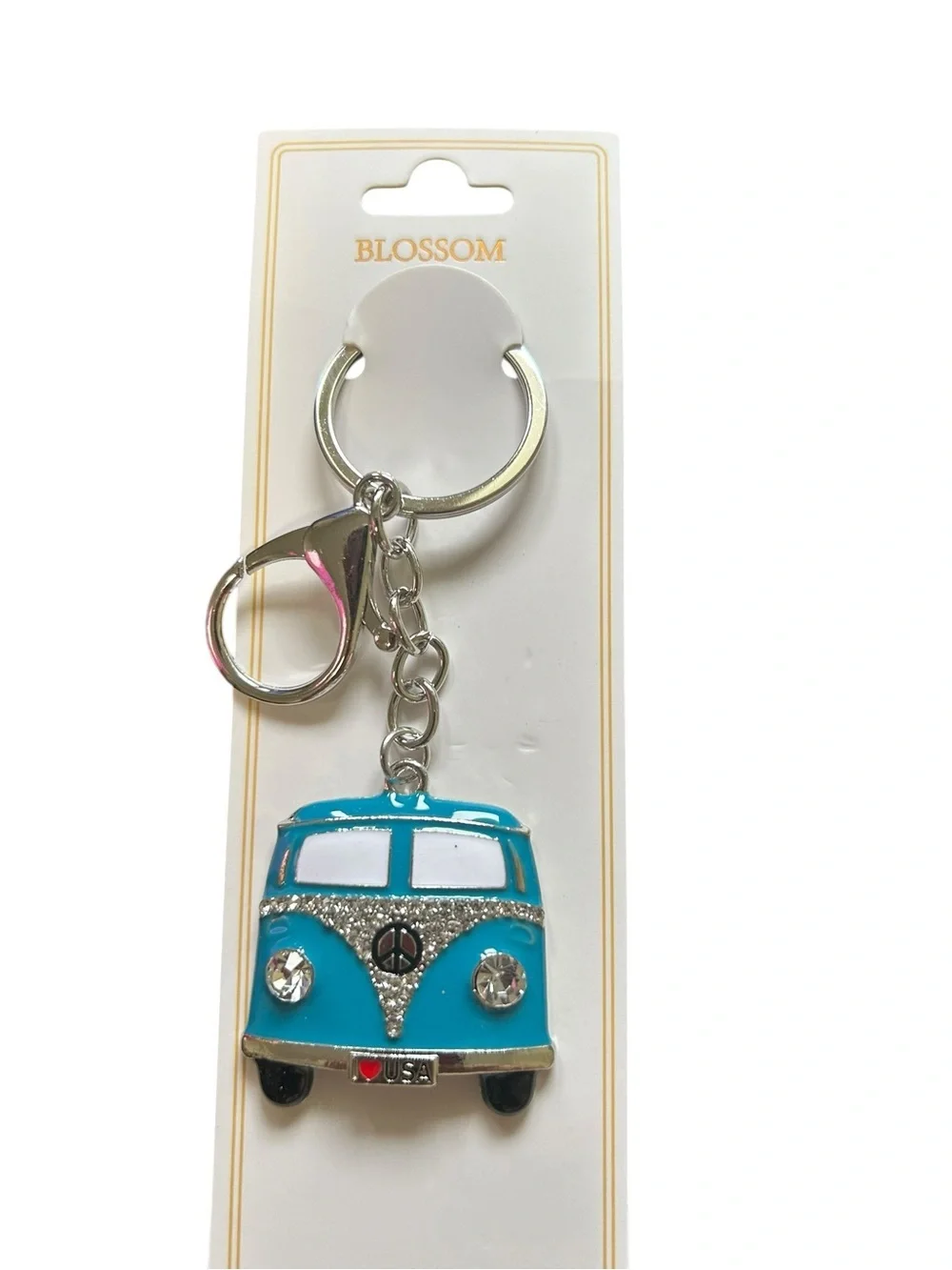 Blossom Rhinestone Hippie Minivan Keychain VW Bus Peace Sign Key Ring NEW